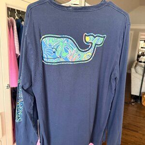 EUC Vineyard Vines Colorful Tropics Whale Fill Pocket Long Sleeve Tee LARGE